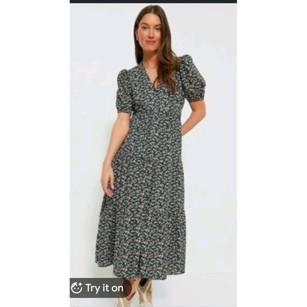 Hyacinth House Maxi Tiered Dress Women's Large Floral Green Puff Sleeve Pockets